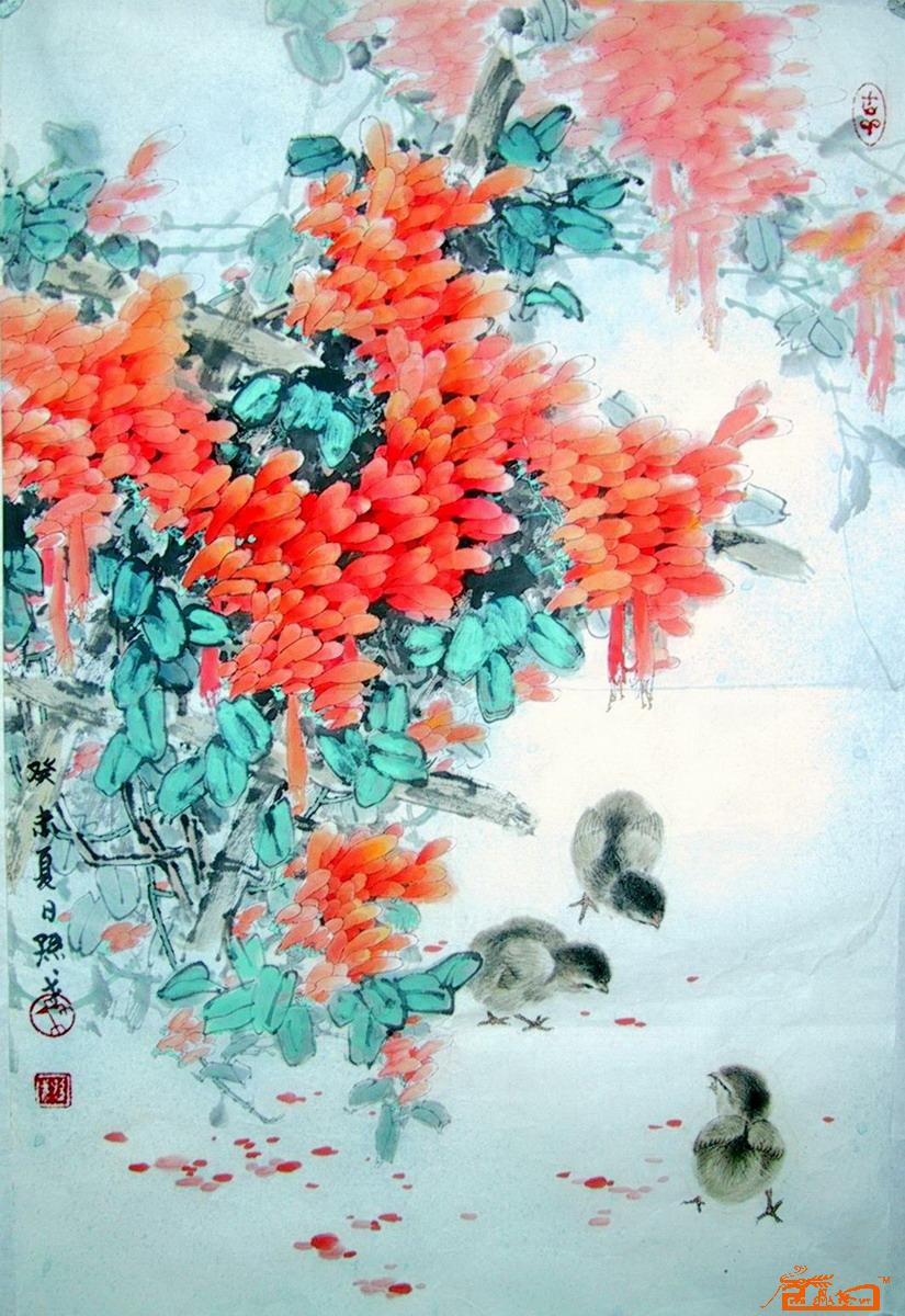 孙戈-炮仗花小鸡3-淘宝-名人字画-中国书画服务中心